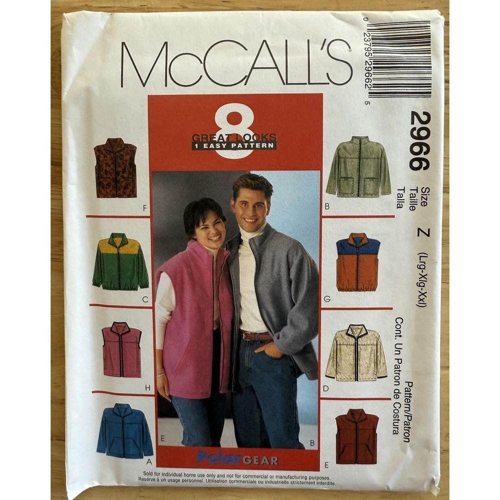 McCall's Pattern 2966 Men's Women's Teens Jacket Vest Sz Lg XL XXL Uncut FF